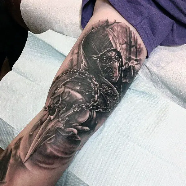 mens-scorpion-mortal-kombat-tattoo-on-arms-with-shaded-black-and-grey-ink