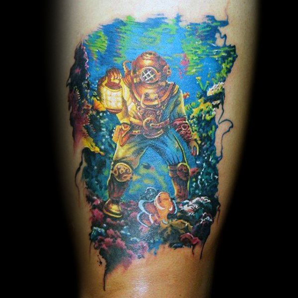 thigh-colorful-underwater-deep-sea-diver-tattoo-ideas-for-males