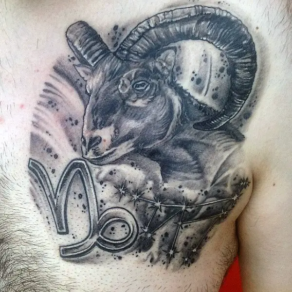astrological-sign-capricorn-mens-shaded-upper-chest-tattoo-design-ideas