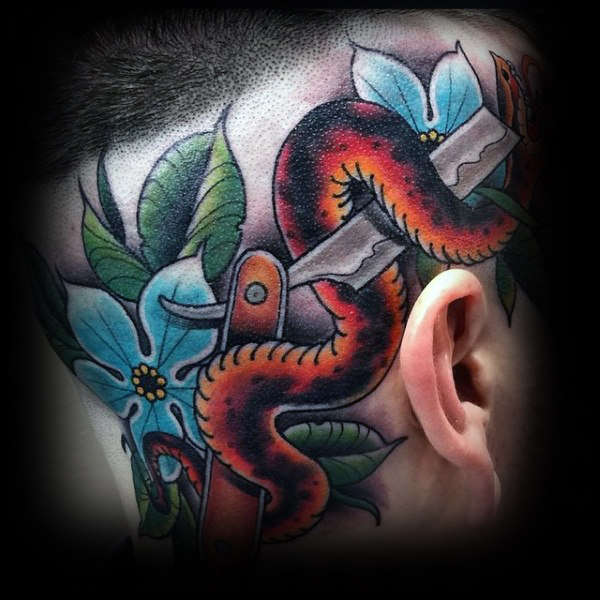 blue-flowers-coiled-snake-and-straight-razor-tattoo-guys-ear