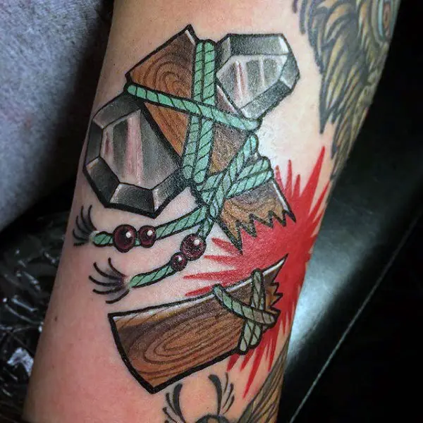 broken-snapped-wood-tomahawk-with-teal-rope-cord-and-stone-axe-head-tattoo-for-men