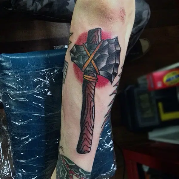 forearm-mens-old-school-tomahawk-tattoo-with-wood-handle