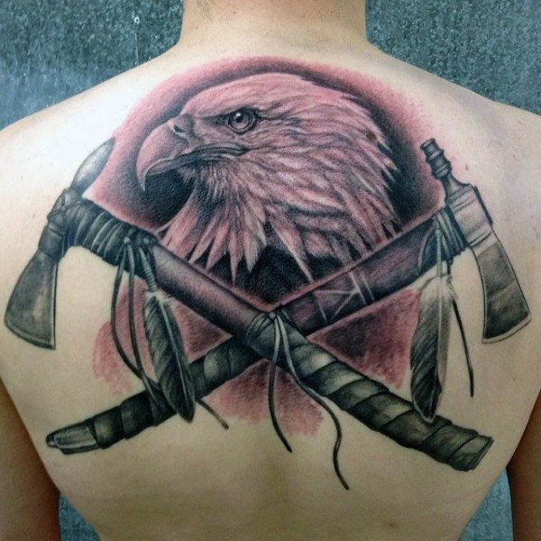 half-back-mens-tattoo-of-native-american-tomahawks-with-bald-eagle-design