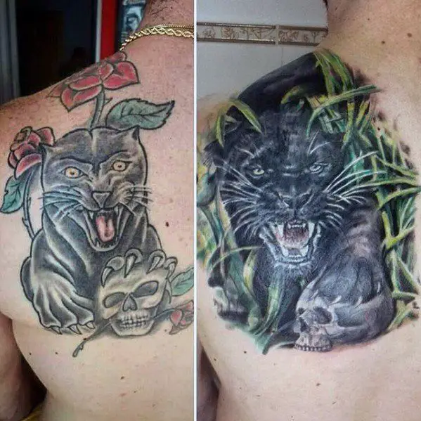 mens-black-jaguar-tattoo-cover-up-ideas-on-back-shoulder-blade