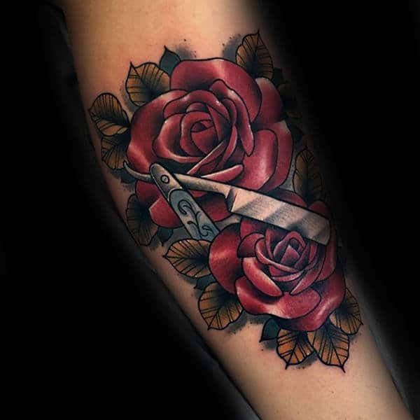 mens-forearms-lovely-magenta-roses-and-straight-razor-tattoo