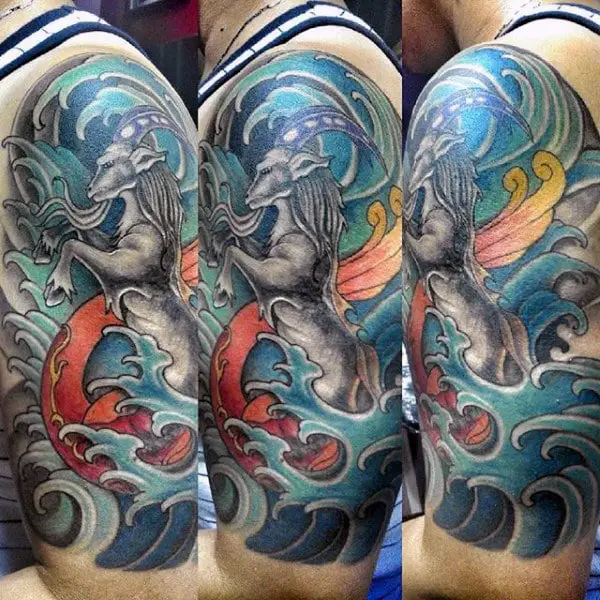 mens-japanese-ocean-waves-capricorn-sea-goat-half-sleeve-tattoo