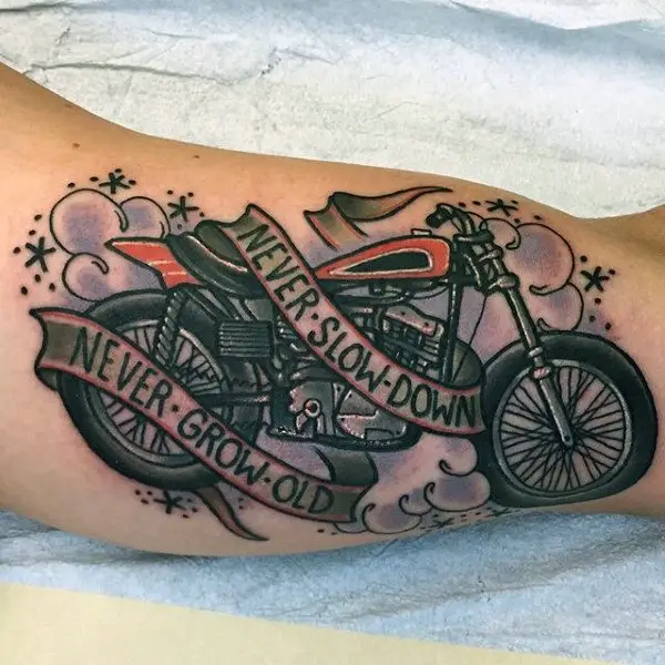 never-slow-down-never-grow-old-harley-davidson-tattoos-for-men-on-bicep