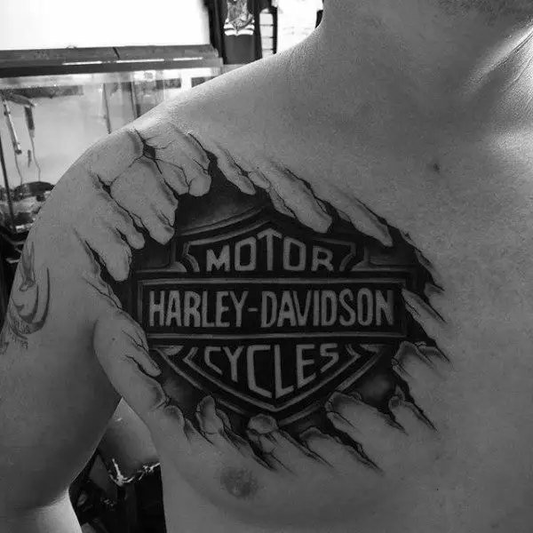 ripped-skin-harley-davidson-logo-3d-guys-upper-chest-tattoo-with-black-ink