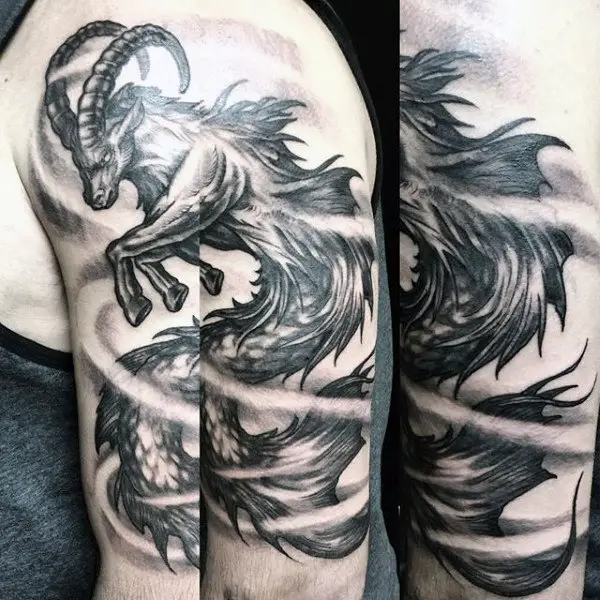 shaded-capricorn-sea-goat-upper-arm-tattoo-on-male