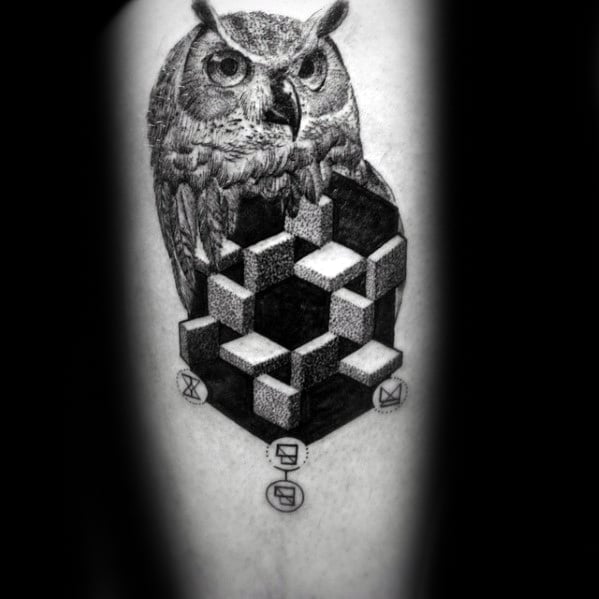3d-optical-illusion-mens-geometric-owl-arm-tattoo