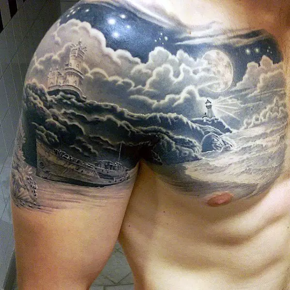 amazing-mens-cloudy-sky-beach-shore-chest-and-arm-tattoo