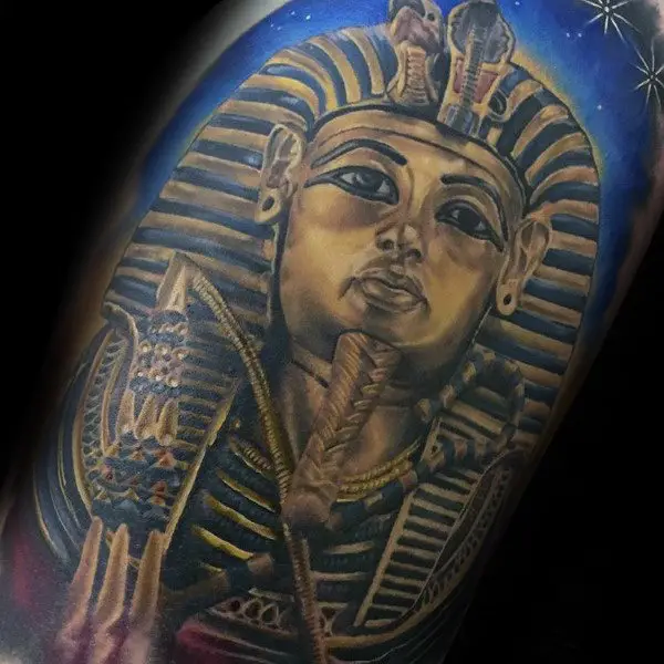 blue-watercolor-background-with-gold-king-tut-mens-arm-tattoos