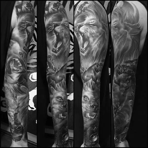 full-arm-sleeve-black-and-grey-hyena-tattoo-design-ideas-for-males