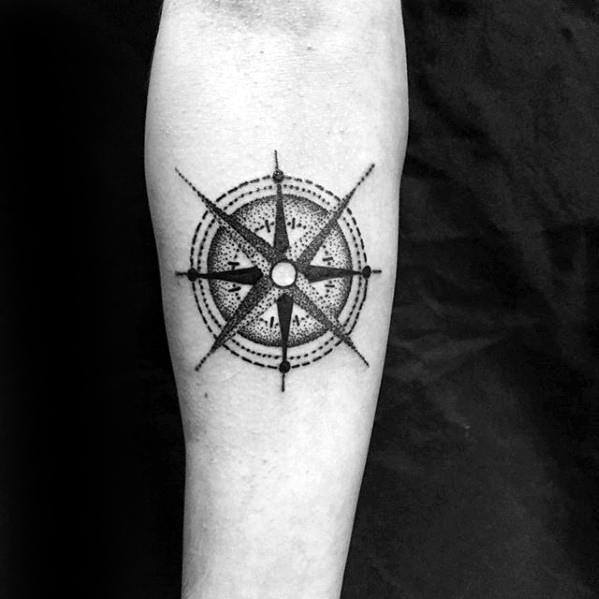 guys-simple-inner-forearm-dotwork-compass-tattoo-design-ideas