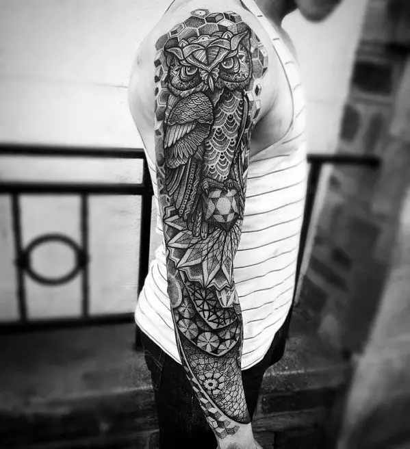 incredible-geometric-owl-full-arm-sleeve-tattoo-designs-for-men