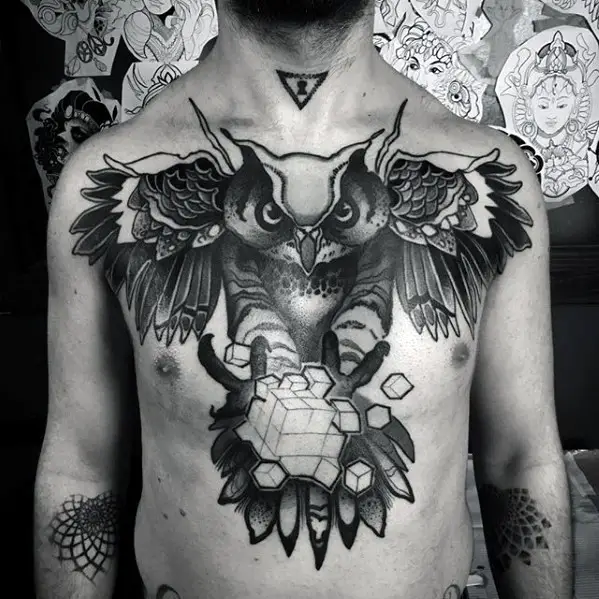 mens-chest-geometric-owl-with-cube-tattoo-design