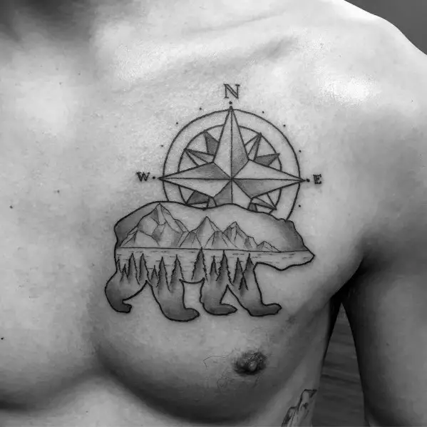 mens-cool-simple-bear-and-compass-tattoos-on-chest