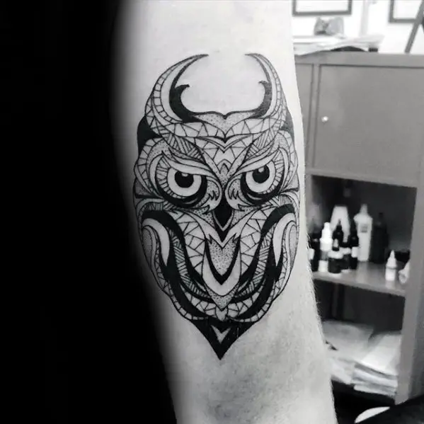 ornate-geometric-owl-male-inner-forearm-tattoos