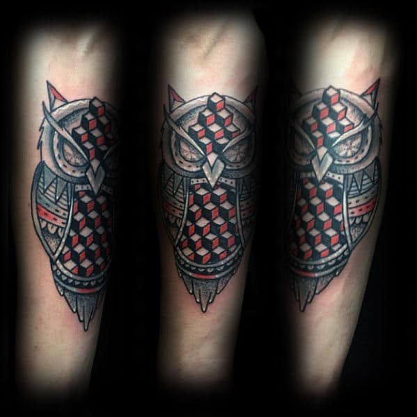 red-and-black-ink-cube-geometric-owl-mens-inner-forearm-tattoo