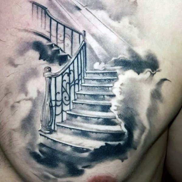 stairs-to-heaven-clouds-mens-shaded-watercolor-chest-tattoo