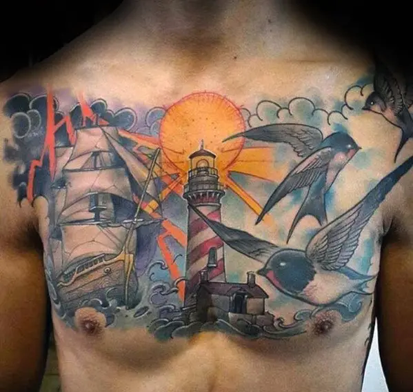 watercolor-clouds-with-birds-ship-and-lighthouse-mens-old-school-chest-tattoo