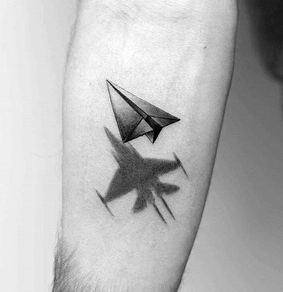3d-paper-airplane-with-fighter-jet-coolest-tattoos-for-men-on-inner-forearm