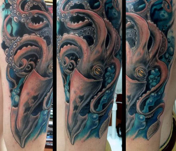 blue-swimming-squid-tattoo-for-males-half-sleeve