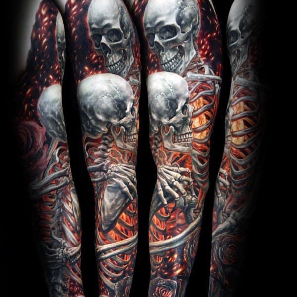 burning-skeletons-full-arm-sleeve-3d-coolest-tattoos-for-guys