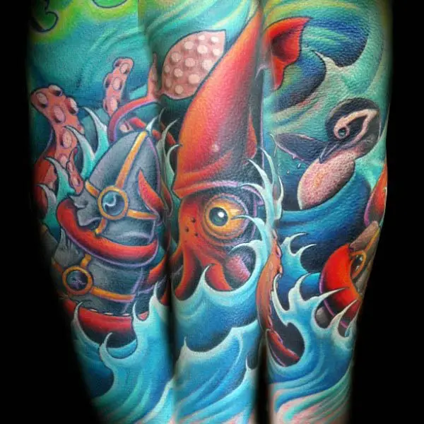 colorful-underwater-ocean-themed-squid-tattoo-for-men-full-sleeve