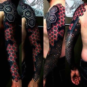 coolest-mens-geometric-full-arm-sleeve-red-and-black-ink-tattoo-designs ...