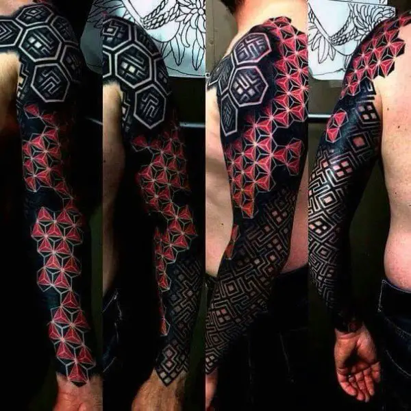 coolest-mens-geometric-full-arm-sleeve-red-and-black-ink-tattoo-designs