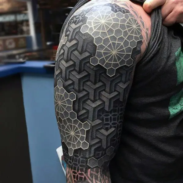 geometric-white-ink-coolest-tattoo-half-sleeve-ideas-for-men