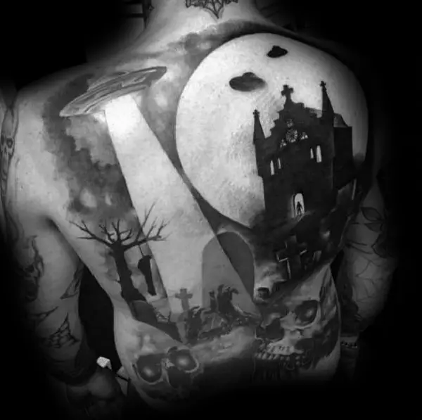 haunted-castle-with-alien-spaceship-guys-coolest-tattoos-on-back