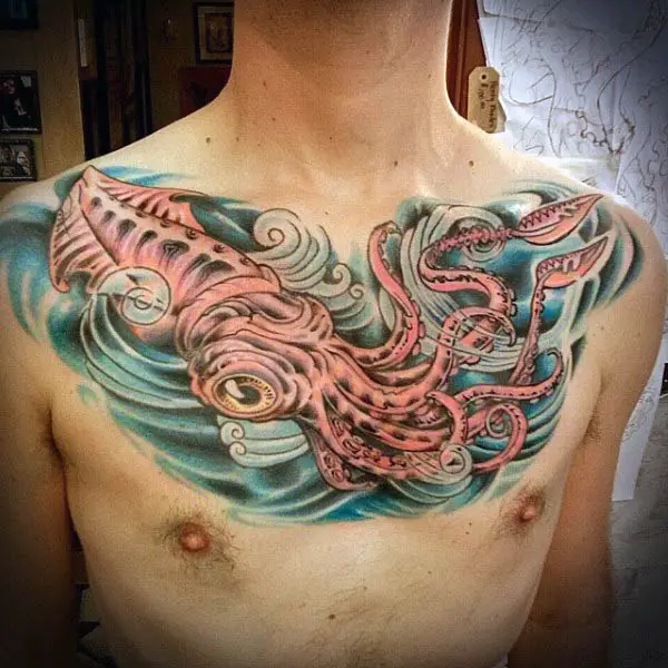 marine-themed-squid-tattoo-for-men-on-upper-chest