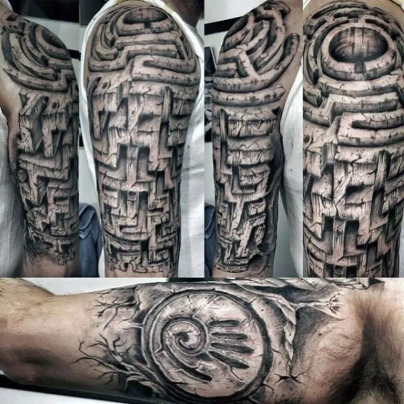 3d-stone-maze-tattoo-half-sleeve-designs-for-men