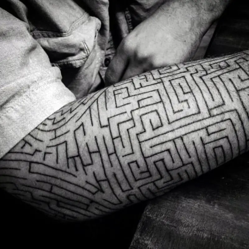arm-sleeve-black-ink-simple-outline-guys-tattoo-ideas-maze-designs