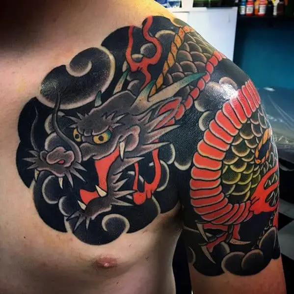 black-and-orange-mens-japanese-dragon-shoulder-tattoo