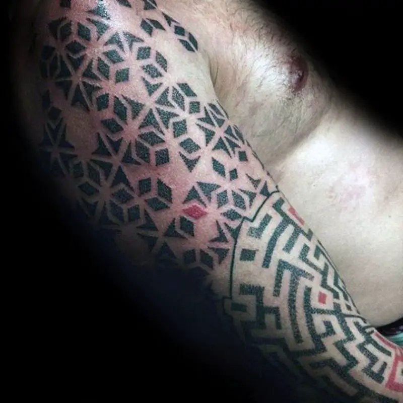 black-and-red-ink-full-arm-geoemtric-maze-tattoo-ideas-for-males