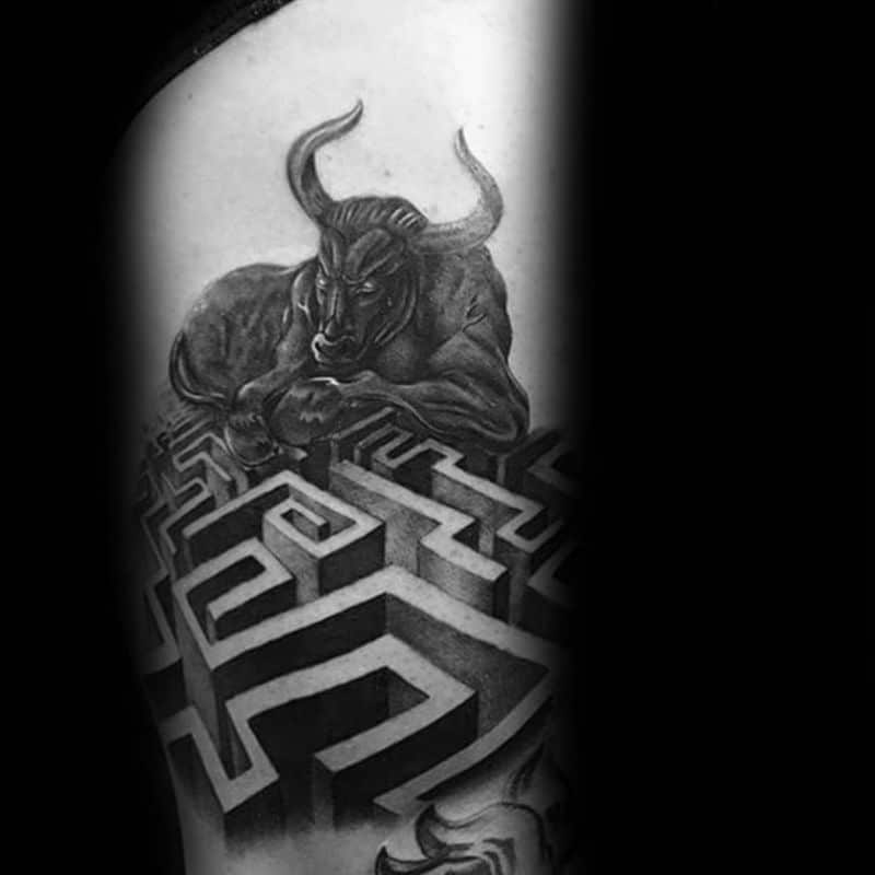 bull-with-maze-3d-arm-mens-tattoo-ideas