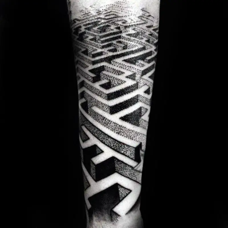 forearm-sleeve-3d-dotwork-maze-tattoos-male