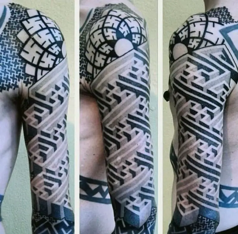 full-arm-sleeve-3d-incredible-maze-tattoos-for-men