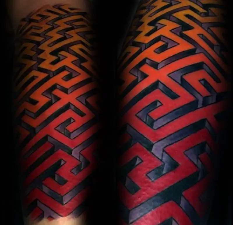 gentleman-with-yellow-orange-and-red-ink-forearm-sleeve-3d-maze-tattoo