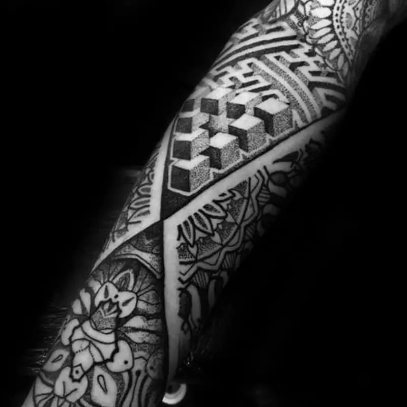 geometric-3d-forearm-sleeve-amazing-mens-maze-tattoo-designs
