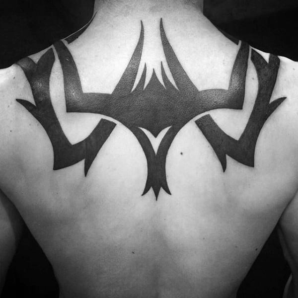 guys-solid-black-ink-tribal-upper-back-tattoos