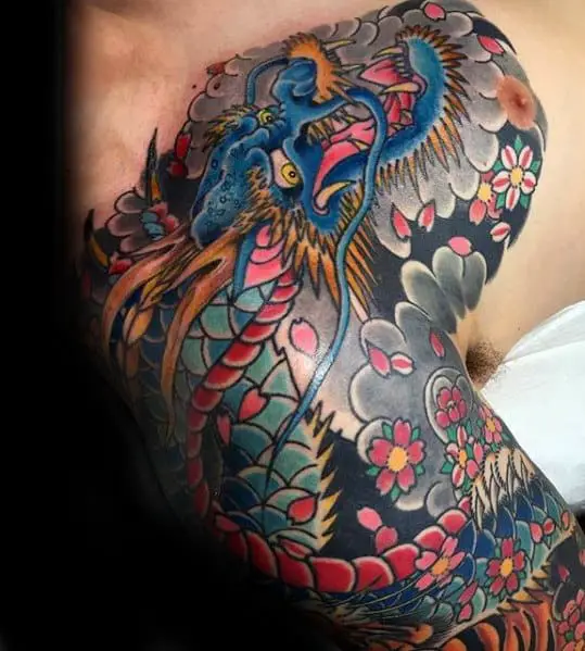 guys-unique-japanese-floral-dragon-shoulder-tattoo