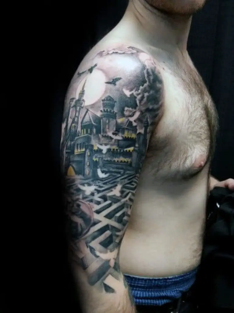half-sleeve-castle-with-maze-tattoo-ideas-for-gentlemen