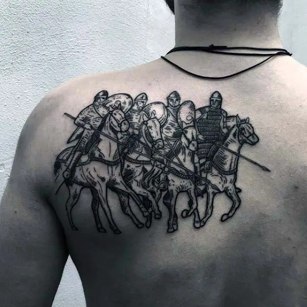 horse-riding-warriors-mens-seven-horsemen-upper-back-woodcut-tattoo-design-ideas