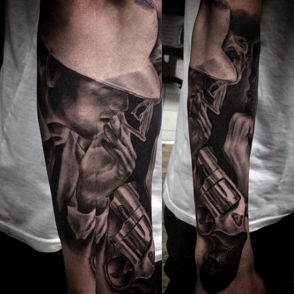 mens-gangster-and-revolver-forearm-sleeve-tattoo-ideas