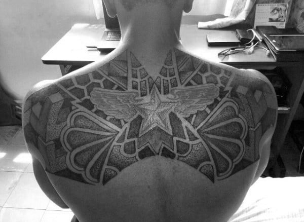 mens-upper-back-tattoo-of-star-with-wings-dotwork-design