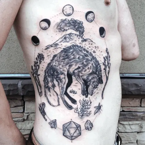 mens-wolf-rib-cage-side-moon-phases-tattoo